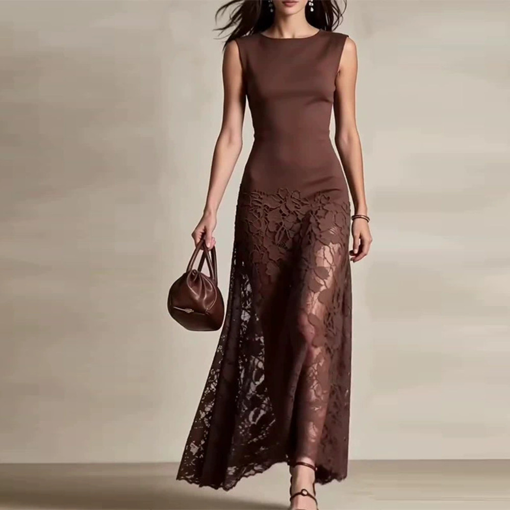 Forever 21 Deep Brown Elegant Round-Neck Sleeveless Fitted Dress